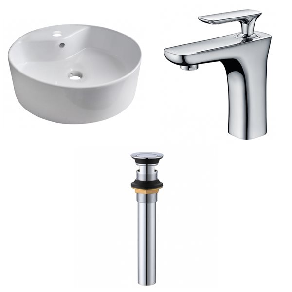 American Imaginations White Ceramic Vessel Round Bathroom Sink with Chrome Faucet and Drain (18.25-in x 18.25-in)