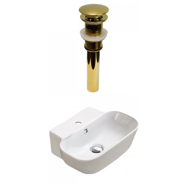 American Imaginations White Ceramic Wall-Mounted Rectangular Bathroom Sink with Gold Drain (12.2-in x 16.34-in)