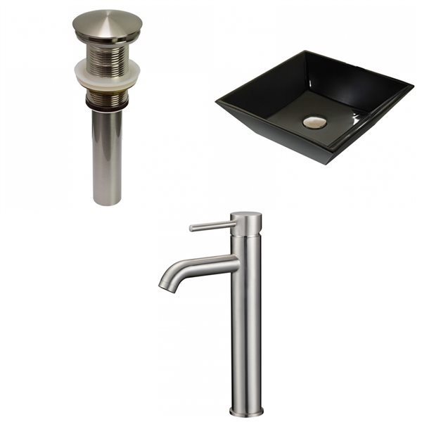 American Imaginations Black Ceramic Vessel Square Bathroom Sink with Brushed-Nickel Faucet and Drain (16.1-in x 16.1-in)
