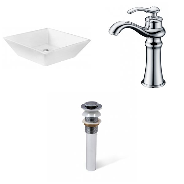American Imaginations White Ceramic Vessel Square Bathroom Sink with Chrome Faucet and Drain (15.75-in x 15.75-in)