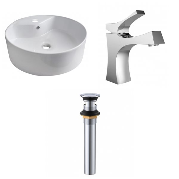 American Imaginations White Ceramic Vessel Round Bathroom Sink with Chrome Faucet and Drain (18.25-in x 18.25-in)
