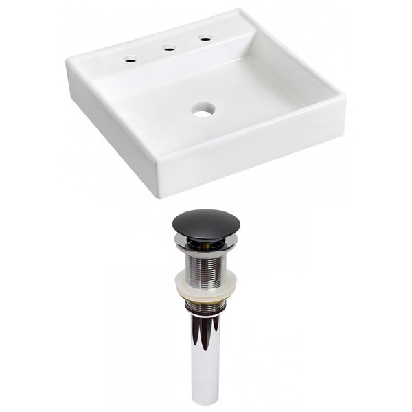 American Imaginations Wall Mount White Square Bathroom Sink with Chrome Drain and Black Hardware (17.5-in L x 17.5-in W)
