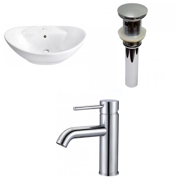 American Imaginations White Vessel Oval Bathroom Sink and Chrome Drain with Faucet and Overflow Drain (15.25-in L x 23-in W)