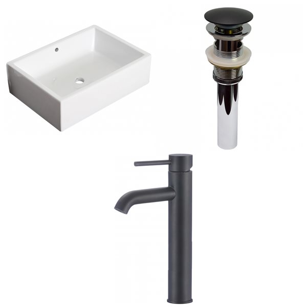 American Imaginations White Vessel Bathroom Sink with Chrome Drain and Black Faucet and Overflow Drain (14.25-in L x 20-in W)