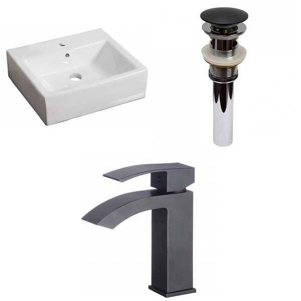 American Imaginations White Wall Mount Bathroom Sink with Chrome Drain and Black Faucet and Overflow Drain (16.5-in L x 21-in W