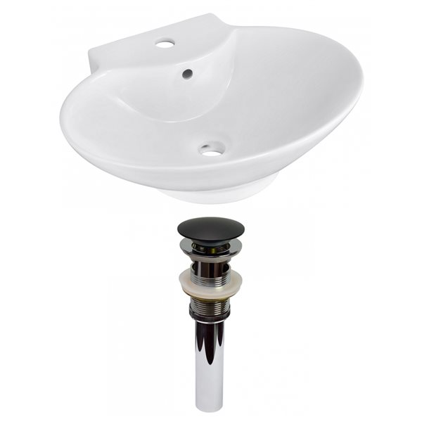 American Imaginations White Wall Mount Oval Bathroom Sink with Chrome Drain and Black Overflow Drain (17.25-in L x 22.75-in W)
