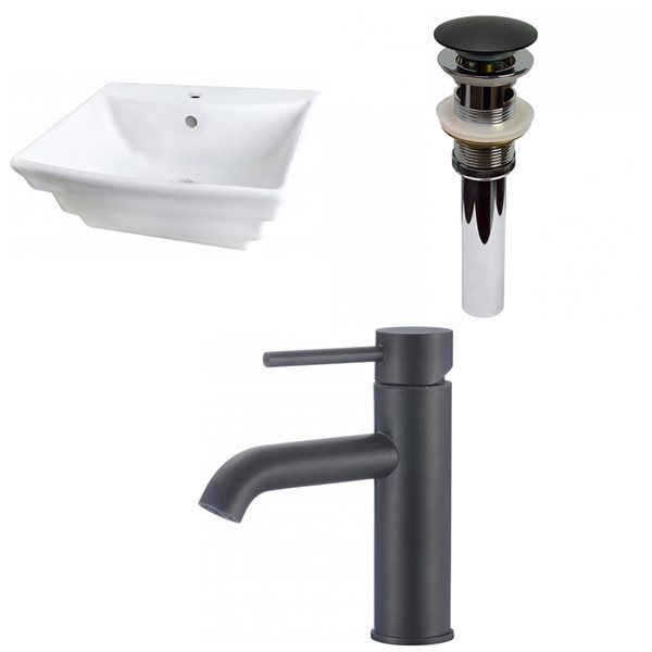 American Imaginations White Wall Mount Bathroom Sink with Chrome Drain and Black Faucet and Overflow Drain (19.75-in x 17-in)