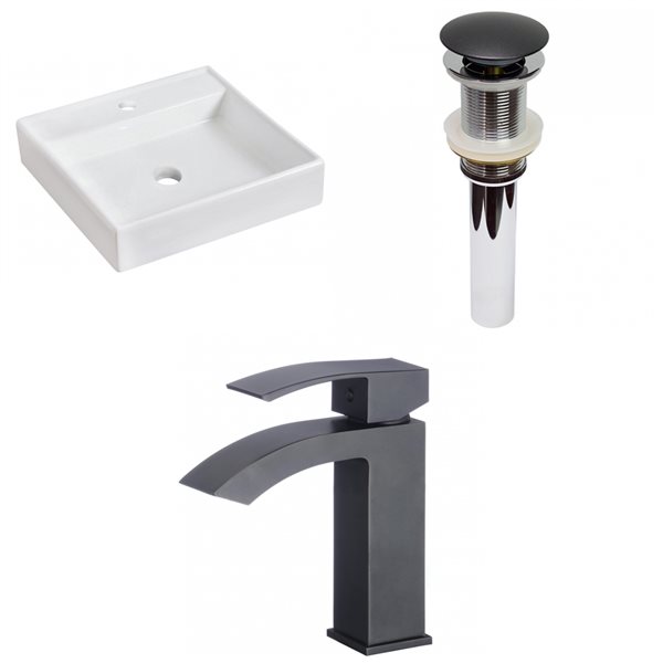 American Imaginations White Vessel Square Bathroom Sink with Chrome Drain and Black Faucet (17.5-in L x 17.5-in W)