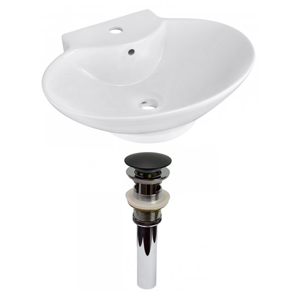 American Imaginations White Vessel Oval Bathroom Sink with Chrome Drain and Black Overflow Drain (17.25-in L x 22.75-in W)