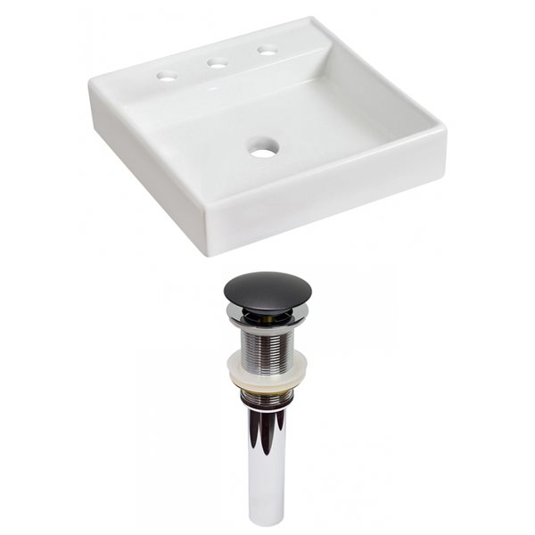 American Imaginations White Square Vessel Bathroom Sink with Chrome Drain and Black Hardware (17.5-in L x 17.5-in W)