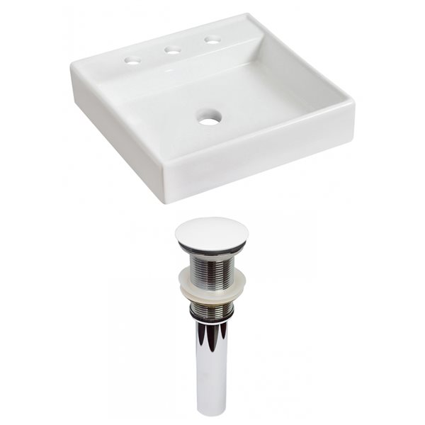 American Imaginations Vessel White Square Bathroom Sink with Chrome Drain and White Hardware (17.5-in L x 17.5-in W)