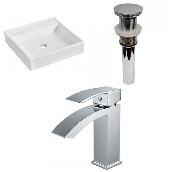 American Imaginations White Square Bathroom Vessel Sink with Chrome Drain and Faucet (17.5-in L x 17.5-in W)