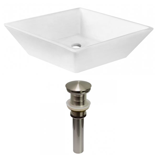 American Imaginations White Vessel Square Bathroom Sink with Chrome Drain and Brushed Nickel Hardware (15.75-in L x 15.75-in W)