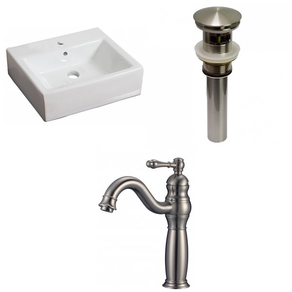 American Imaginations White Wall Mount Bathroom Sink with Drain and Nickel Faucet and Overflow Drain (16.5-in L x 21-in W)