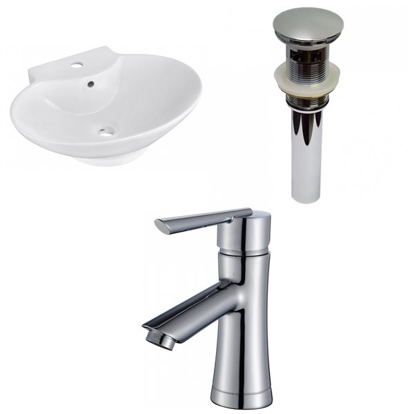 American Imaginations White Oval Wall Mount Bathroom Sink with Chrome Drain and Faucet and Overflow Drain - 17.25-in x 22.75-i