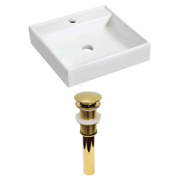 American Imaginations White Wall Mount Square Bathroom Sink with Chrome Drain and Gold Hardware (17.5-in L x 17.5-in W)