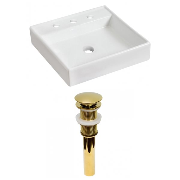 American Imaginations Vessel Square White Bathroom Sink with Chrome Drain and Gold Hardware (17.5-in L x 17.5-in W)