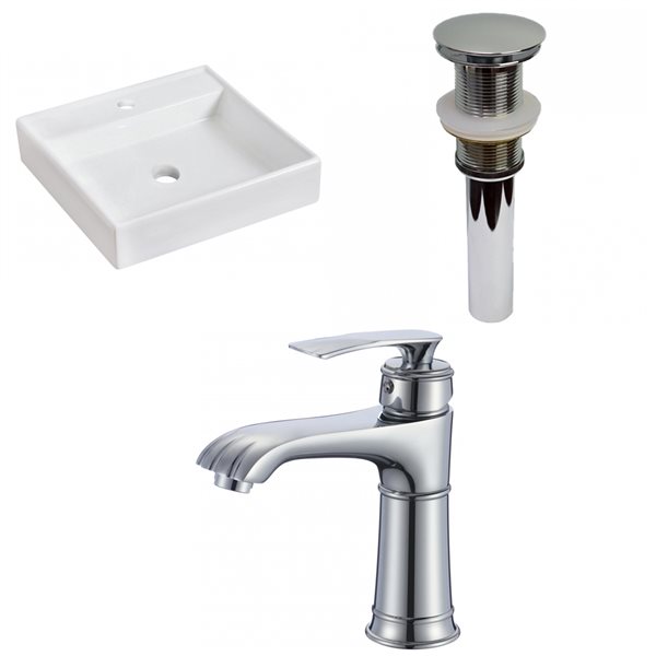 American Imaginations White Square Vessel Bathroom Sink with Chrome Drain and Faucet (17.5-in L x 17.5-in W)