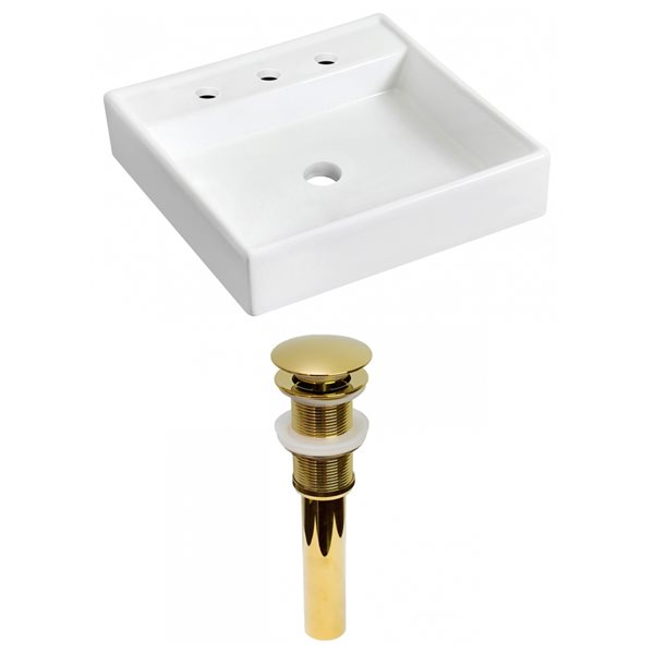 American Imaginations White Wall Mount Square Bathroom Sink with Gold Hardware and Chrome Drain (17.5-in L x 17.5-in W)