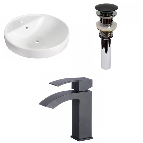 American Imaginations White Drop-In Round 18.25-in Bathroom Sink with Chrome Drain and Black Faucet and Overflow Drain