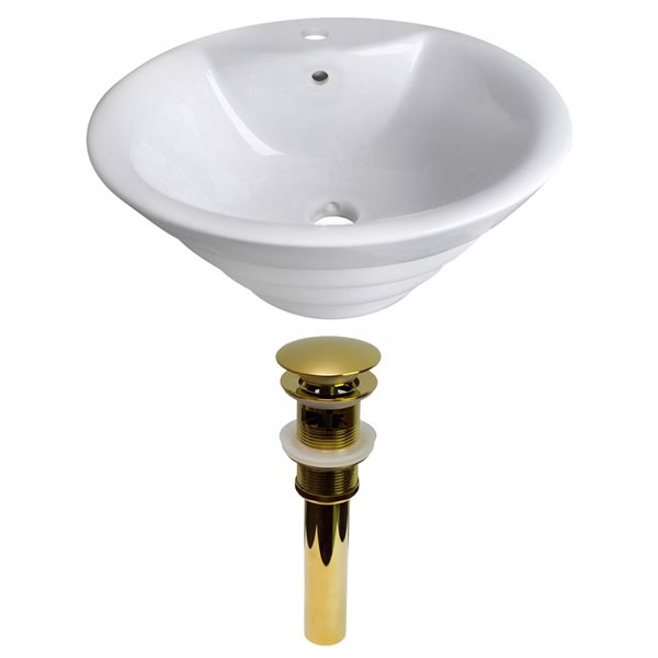 American Imaginations White Vessel Round Bathroom Sink with Chrome Drain and Gold Overflow Drain (19.25-in L x 19.25-in W)