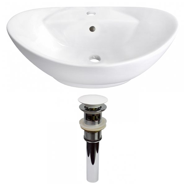 American Imaginations White Vessel Oval Bathroom Sink with Chrome Drain and White Overflow Drain (15.25-in L x 23-in W)