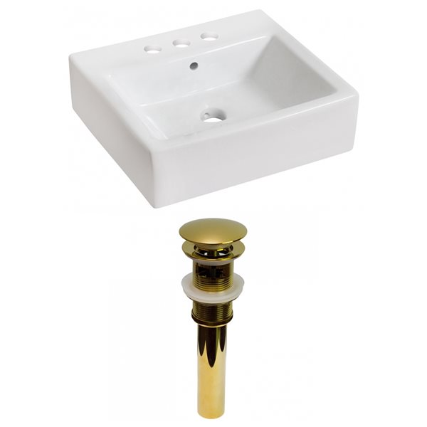 American Imaginations White Vessel Rectangular Bathroom Sink with Gold Overflow Drain and Chrome Drain (16.5-in L x 21-in W)