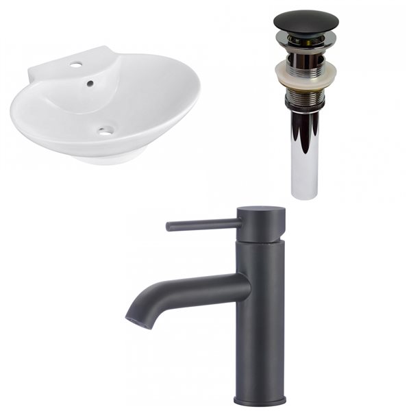 American Imaginations White Wall Mount Oval Bathroom Sink with Chrome Drain and Black Faucet and Overflow Drain - 17.25-in