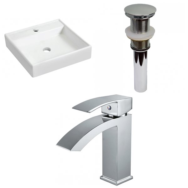 American Imaginations Square White Wall Mount Bathroom Sink with Chrome Drain and Faucet (17.5-in L x 17.5-in W)