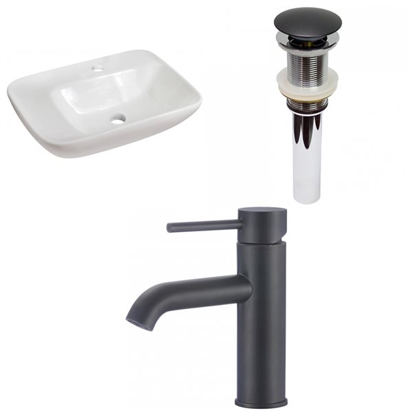American Imaginations White Vessel Rectangular Bathroom Sink with Chrome Drain and Black Faucet - 17.25-in L x 23.5-in W