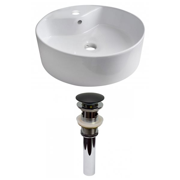 American Imaginations White Vessel Round Bathroom Sink with Chrome Drain and Black Overflow Drain (18.25-in L x 18.25-in W)