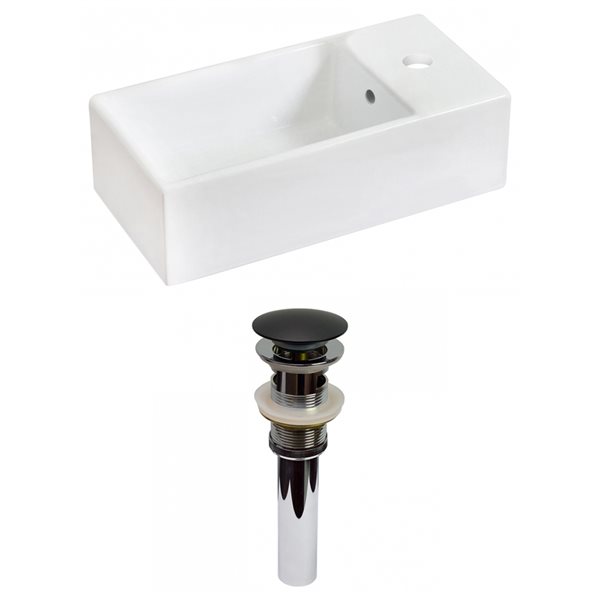 American Imaginations White Vessel Rectangular Bathroom Sink with Chrome Drain and Black Overflow Drain (9.5-in L x 19.25-in W)