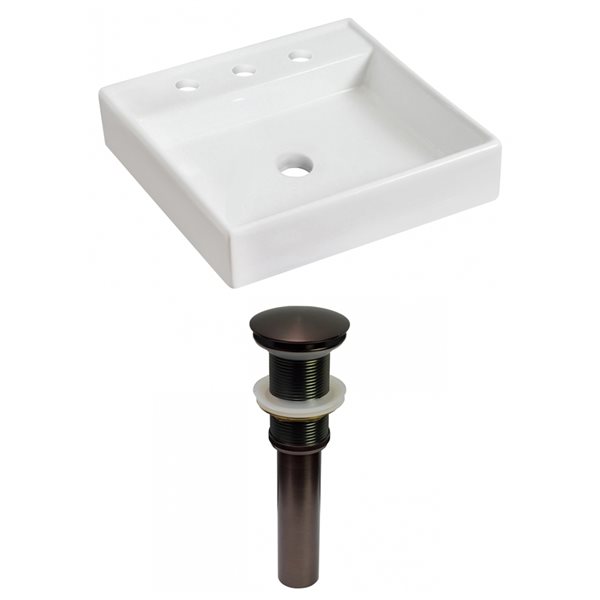 American Imaginations Vessel Square White Bathroom Sink with Chrome Drain and Oil-Rubbed Bronze Hardware (17.5-in L x 17.5-in W