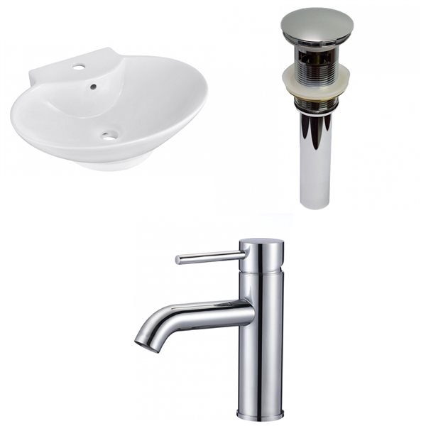 American Imaginations White Vessel Bathroom Oval Sink with Chrome Drain and Faucet and Overflow Drain (17.25-in L x 22.75-in W)