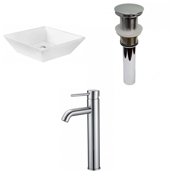 American Imaginations White Vessel Square Bathroom Sink with Chrome Drain and Faucet (15.75-in L x 15.75-in W)
