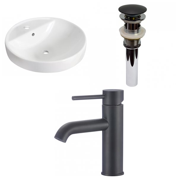 American Imaginations Drop-In Round 18.25-in White Bathroom Sink with Chrome Drain and Black Faucet and Overflow Drain