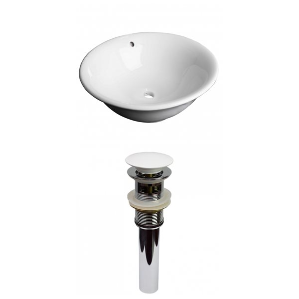 American Imaginations White Vessel Round Bathroom Sink with Chrome Drain and White Overflow Drain (17-in L x 17-in W)