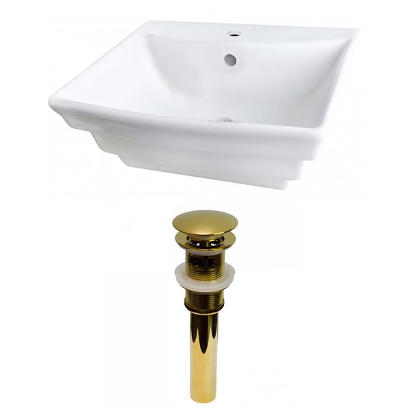 American Imaginations White Wall Mount Bathroom Sink with Chrome Drain and Gold Overflow Drain (17-in L x 19.75-in W)