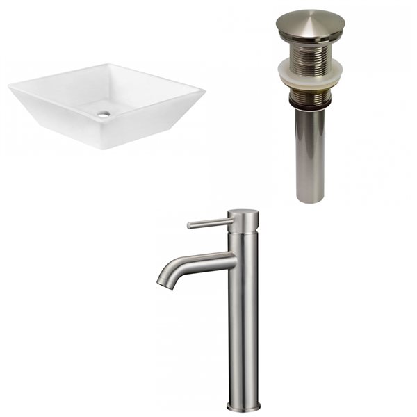 American Imaginations White Vessel Square Bathroom Sink with Chrome Drain and Brushed Nickel Faucet (15.75-in L x 15.75-in W)