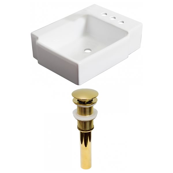 American Imaginations White Vessel Rectangular Bathroom Sink with Chrome Drain and Gold Hardware (16.25-in W x 11.75-in L)