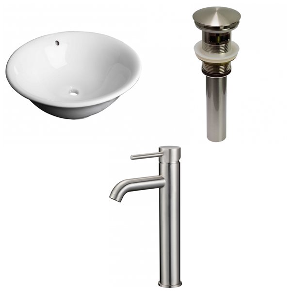 American Imaginations White Vessel Bathroom Sink with Chrome Drain and Brushed Nickel Faucet and Overflow Drain (17-in x 17-in)