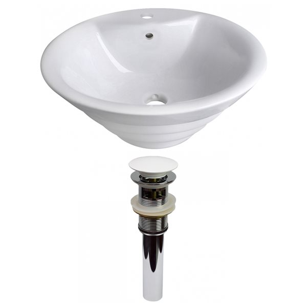 American Imaginations White Vessel Round Bathroom Sink with Chrome Drain and White Overflow Drain (19.25-in L x 19.25-in W)