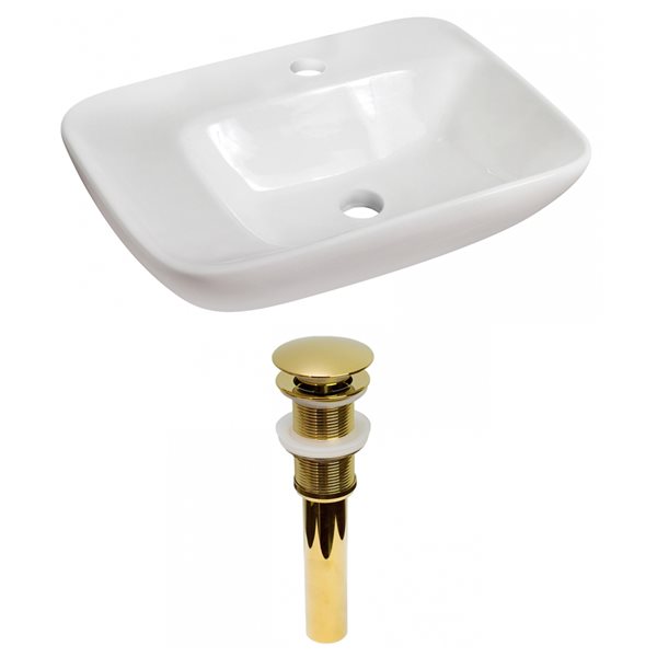American Imaginations White Vessel Rectangular Bathroom Sink with Chrome Drain and Gold Hardware (17.25-in L x 23.5-in W)