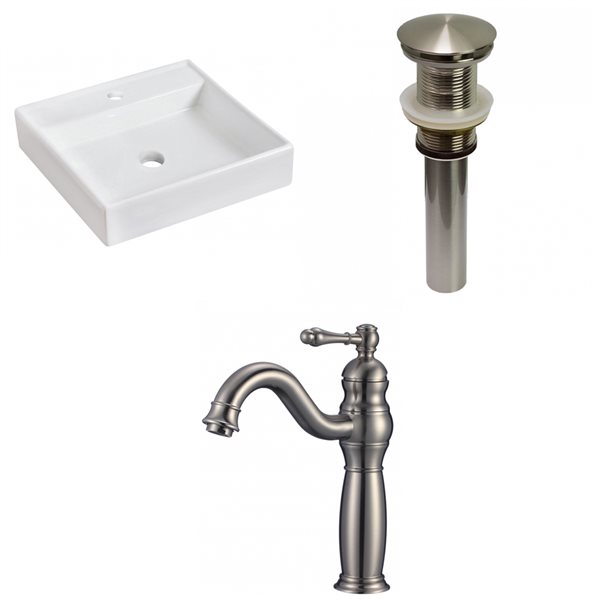 American Imaginations White Vessel Square Bathroom Sink with Chrome Drain and Brushed Nickel Faucet - 17.5-in L x 17.5-in W