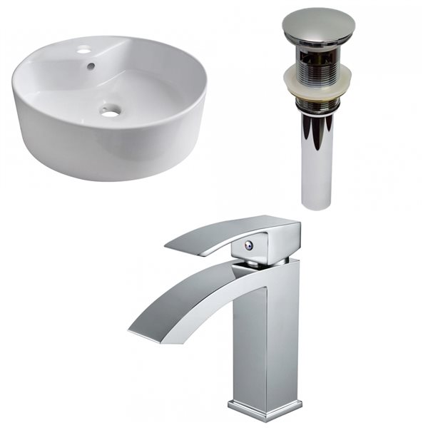 American Imaginations Vessel White Round Bathroom Sink with Chrome Drain and Faucet and Overflow Drain (18.25-in L x 18.25-i…