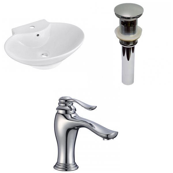 American Imaginations White Oval Vessel Bathroom Sink with Chrome Drain and Faucet and Overflow Drain (17.25-in L x 22.75-in W)