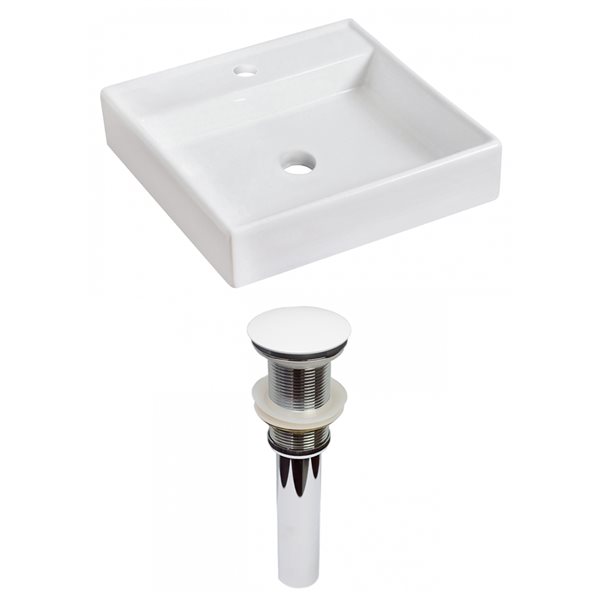 American Imaginations White Vessel Square Bathroom Sink with Chrome Drain and White Hardware (17.5-in L x 17.5-in W)