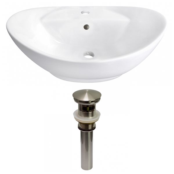 American Imaginations White Vessel Oval Bathroom Sink with Chrome Drain and Brushed Nickel Overflow Drain (15.25-in L x 23-in W