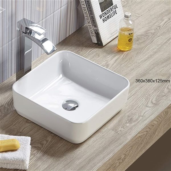 American Imaginations White 14.17-in Vessel Square Bathroom Sink with Chrome Hardware (No drain included)