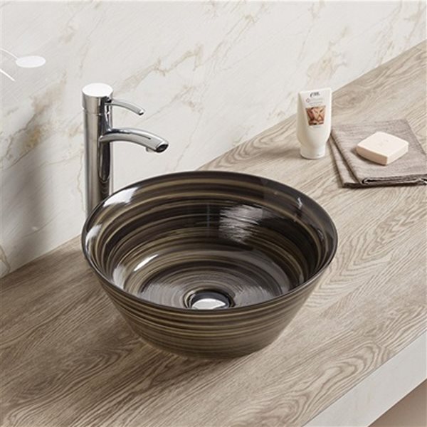 American Imaginations Black Swirl 15.94-in Vessel Round Bathroom Sink with Chrome Hardware